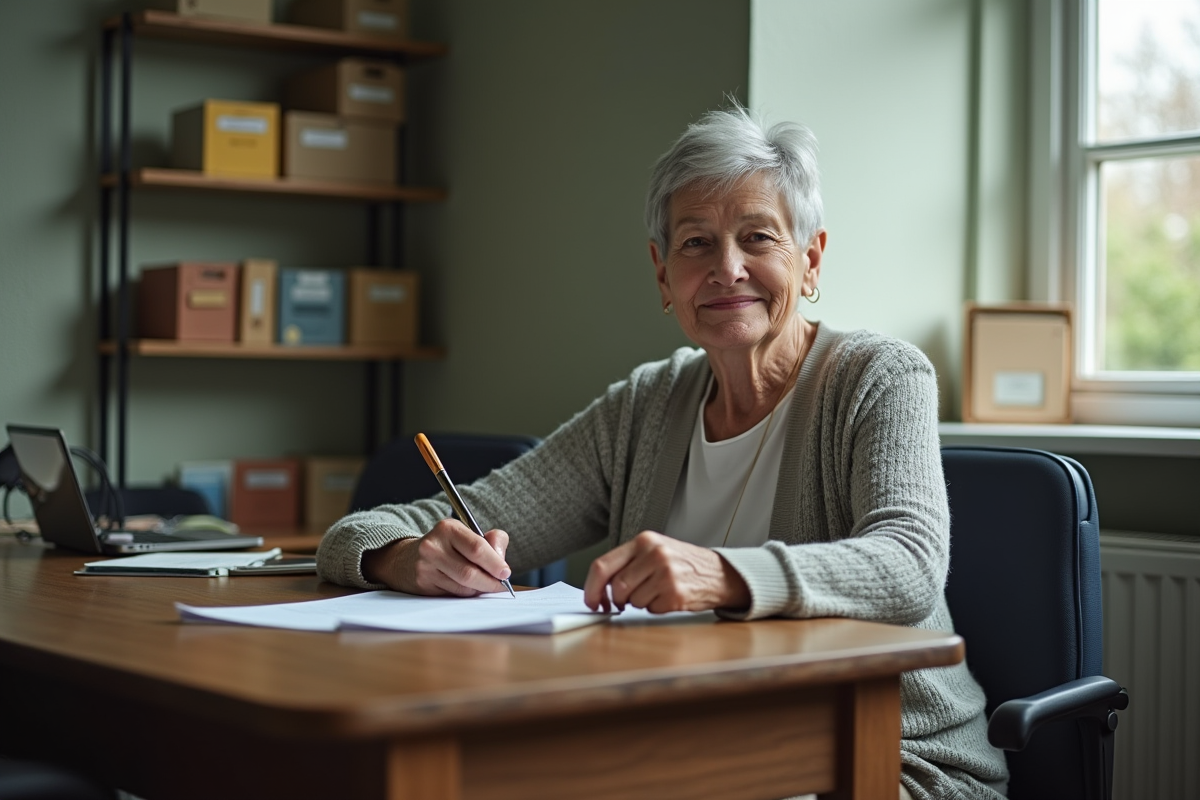 Femme âgée remplissant des papiers dans un bureau administratif