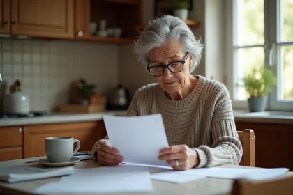 Femme âgée lisant une lettre dans sa cuisine chaleureuse