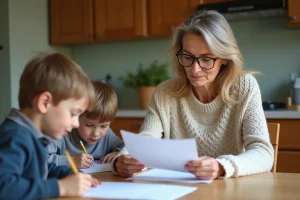 Femme française âgée avec enfants à la maison