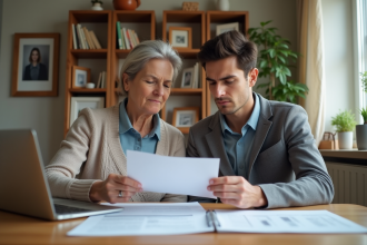 Femme et son fils analysant des documents financiers à la maison