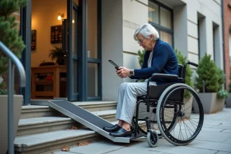 Femme en fauteuil roulant examinant un ascenseur portable sans installation devant un immeuble résidentiel