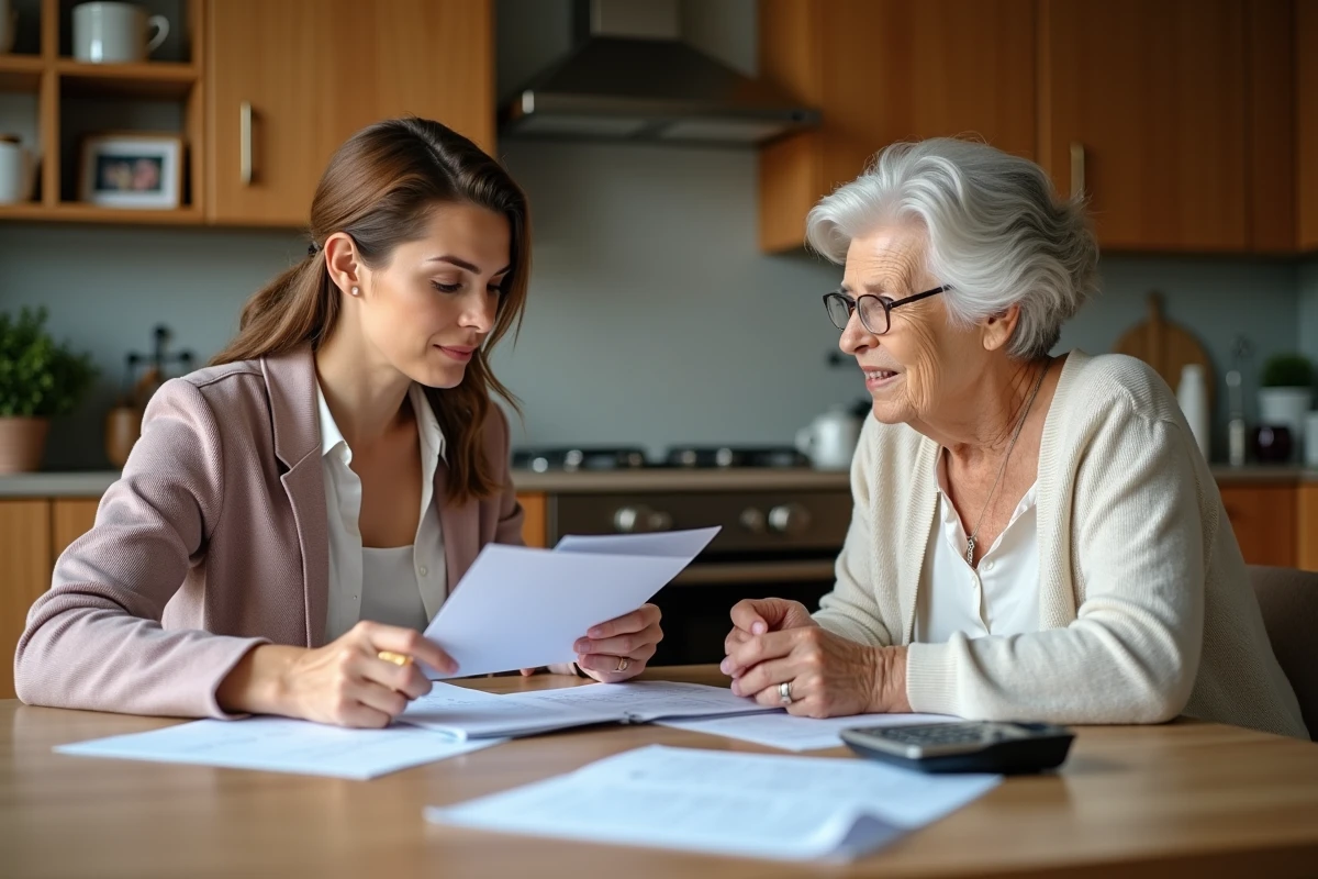 Femme et mère discutant de documents financiers à la maison