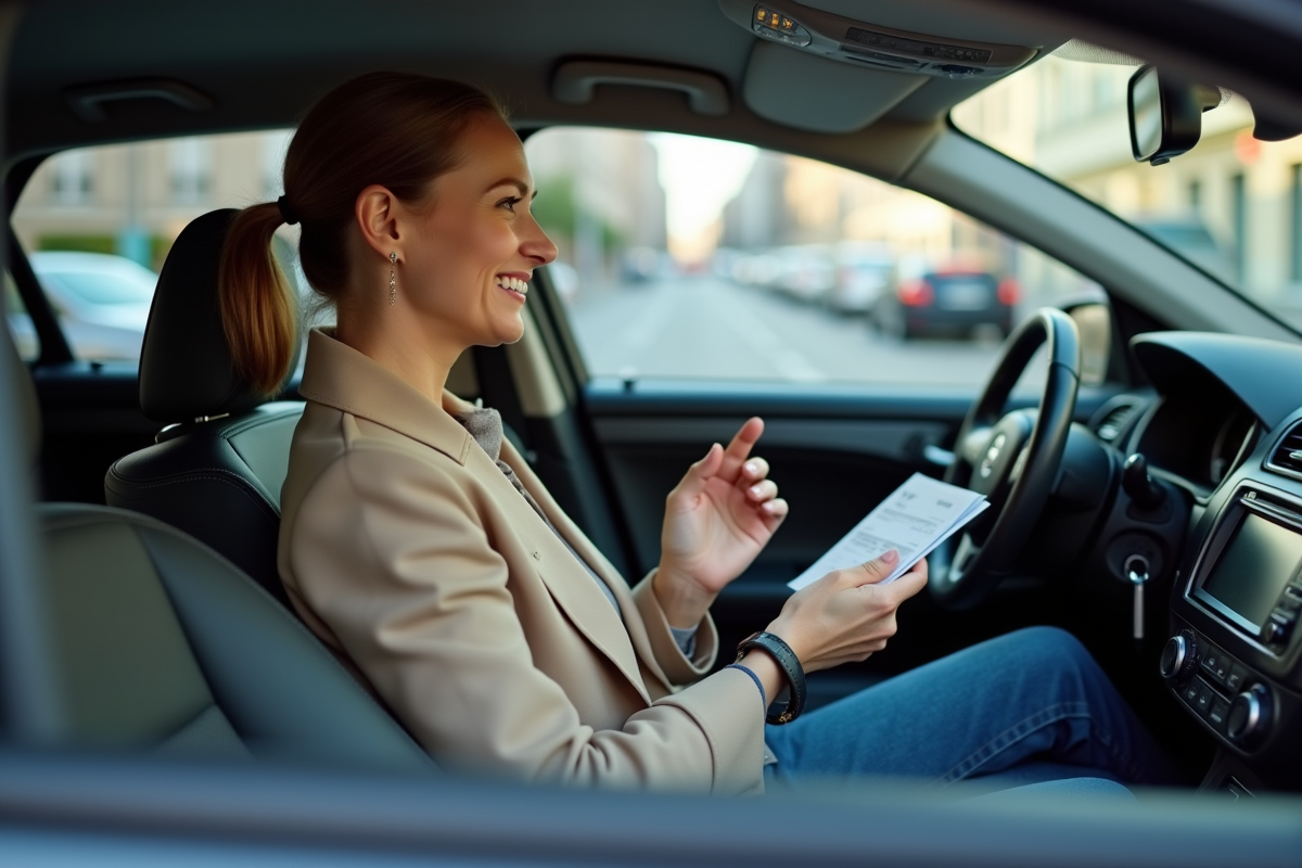 Femme française souriante dans un taxi avec bon de transport