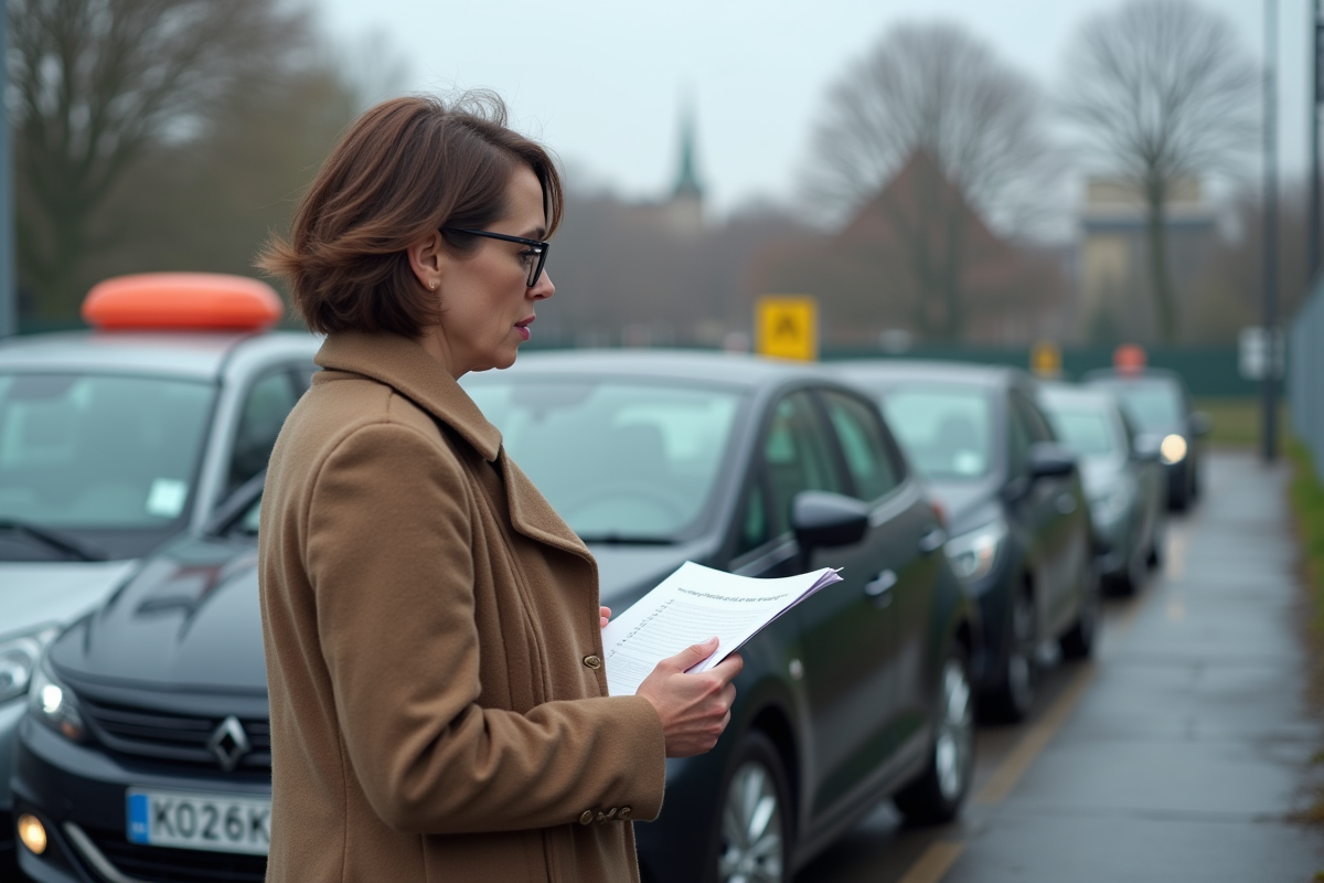 Femme française vérifiant une checklist devant sa voiture en extérieur
