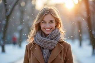 Femme souriante en manteau d hiver dans un parc enneige