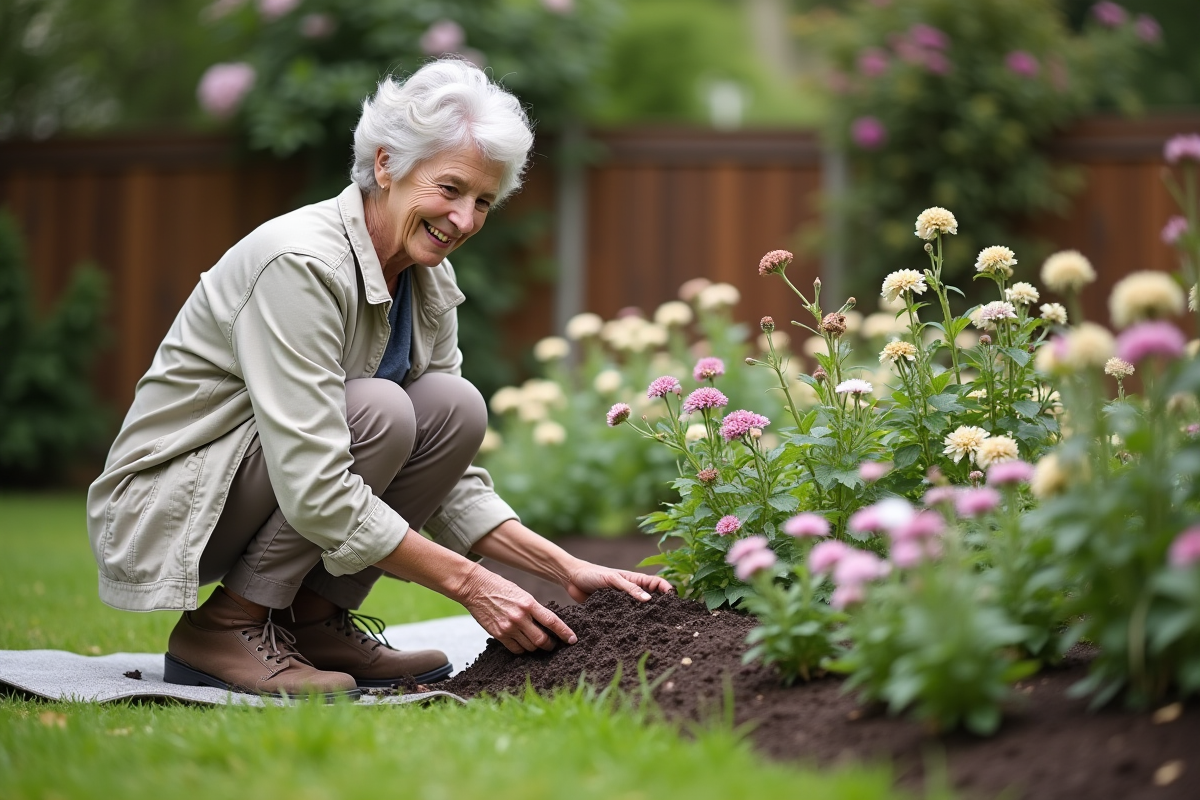 Femme âgée cultivant ses fleurs dans son jardin en plein air