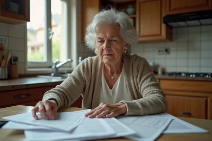 Femme âgée lisant des documents fiscaux dans sa cuisine