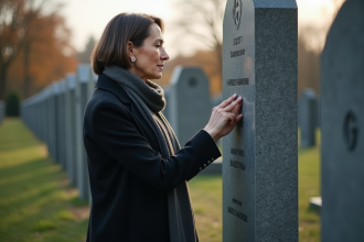 Femme réfléchissant près d'une stèle funéraire dans un cimetière paisible