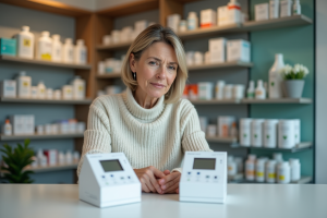 Femme examinant deux moniteurs de tension en pharmacie