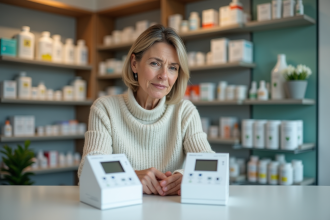 Femme examinant deux moniteurs de tension en pharmacie