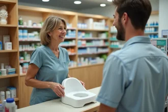 Femme discutant avec un pharmacien en pharmacie