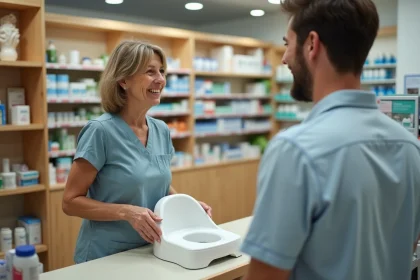 Femme discutant avec un pharmacien en pharmacie