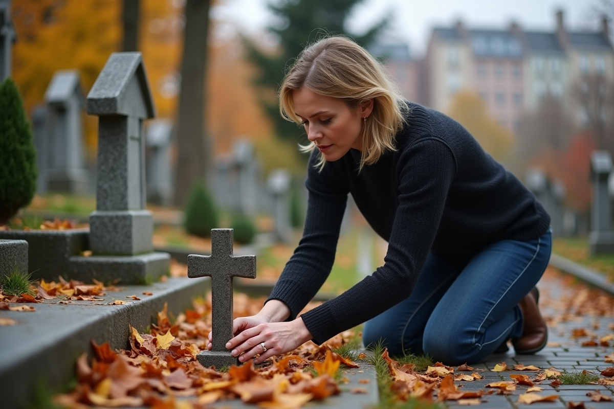 Femme déposant une croix sur une tombe en ville