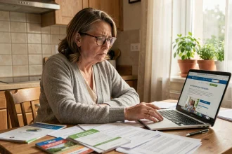 Femme d'âge moyen examinant des documents pour réserver un séjour temporaire en Ehpad en urgence à son domicile