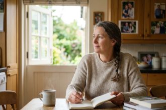 Femme d'âge moyen réfléchissant à la cuisine chaleureuse