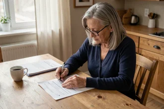 Une femme de 58 ans remplit un formulaire de retraite complémentaire Agirc-Arrco à sa table de cuisine
