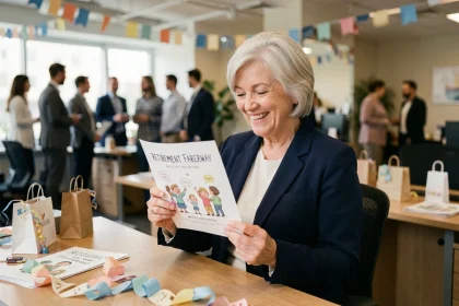 Femme à la retraite souriant en lisant une carte humoristique de départ entourée de collègues dans un bureau festif