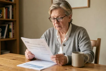 Femme à la retraite consultant ses documents de pension à la maison, illustrant la réforme des retraites et le calcul du salaire moyen