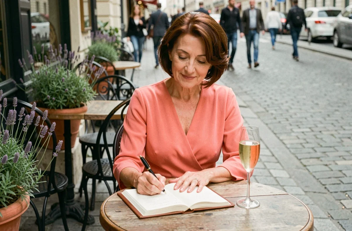 Femme élégante à la retraite écrivant dans un journal en terrasse avec une coupe de champagne