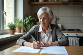 Femme retraitée lisant documents dans la cuisine