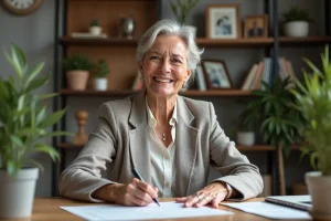 Femme souriante signant un contrat de retraite à domicile