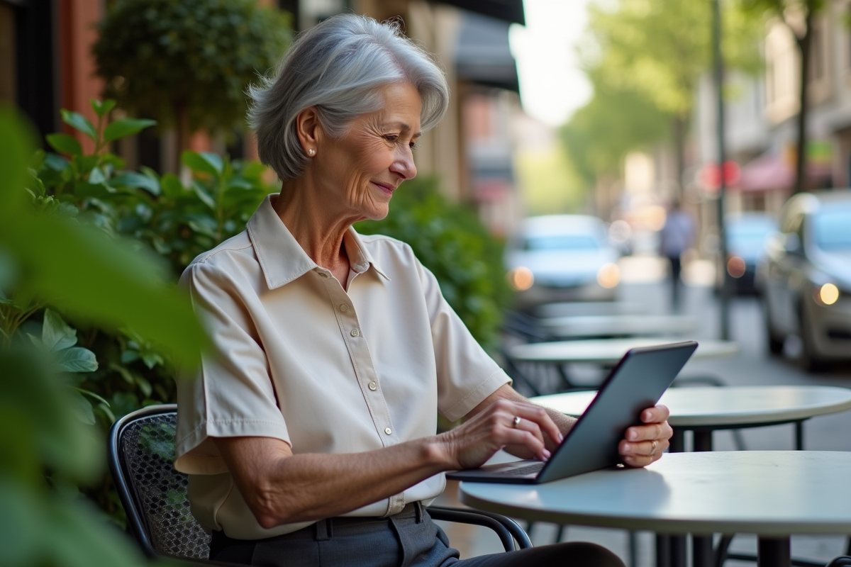 Femme retraitée utilisant une tablette en extérieur