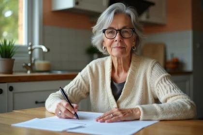 Femme retraitée aux cheveux argentés examinant ses documents de retraite à la table de cuisine