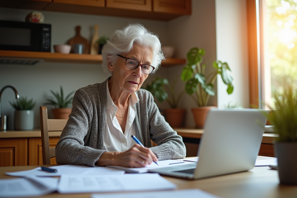 Femme retraitée lisant des documents à la maison
