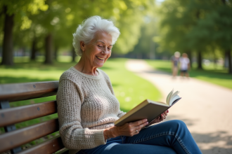 Femme retiree souriante lisant dans un parc en plein air