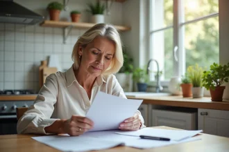 Femme d'âge moyen examinant des papiers de retraite à la maison