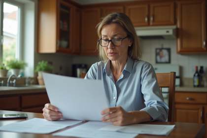 Femme d'âge moyen examine des papiers à la maison