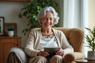 Femme senior souriante utilisant une tablette numérique dans son salon, illustrant l'autonomie et le bien vieillir à domicile