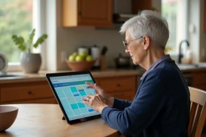 Femme senior utilisant un calendrier électronique sur tablette grand écran dans une cuisine chaleureuse