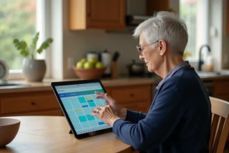 Femme senior utilisant un calendrier électronique sur tablette grand écran dans une cuisine chaleureuse