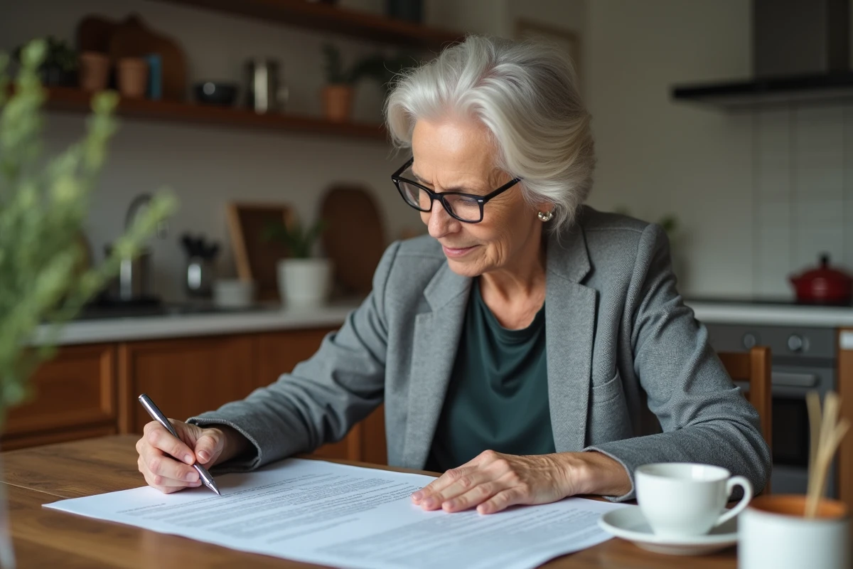 Femme senior annotant son contrat CDI à domicile avec attention et concentration