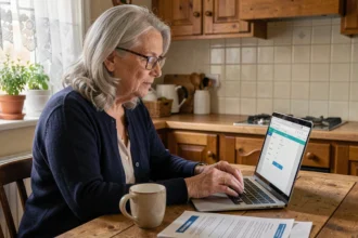 Femme senior remplissant un devis assurance Gestea Senior en ligne sur un ordinateur portable dans sa cuisine