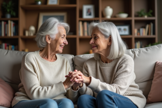 Femme senior et fille main dans la main dans un salon chaleureux
