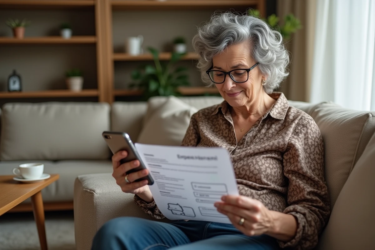 Une femme senior avec des lunettes compare un guide imprimé et son iPhone pour télécharger Mon Proxima sur mobile depuis le salon
