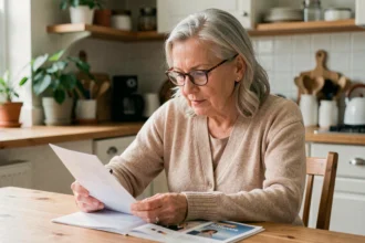 Femme senior lisant attentivement un devis de services à domicile à sa table de cuisine