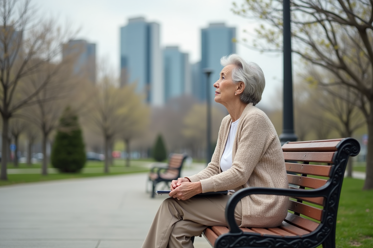 Femme âgée assise sur un banc de parc au printemps