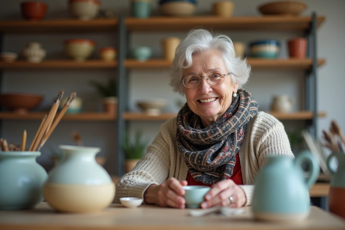 Femme senior souriante arrangeant des céramiques peintes dans un atelier d
