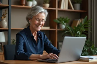Femme senior élégante optimisant son profil sur un site de rencontre haut de gamme depuis son bureau à domicile
