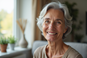 Femme senior souriante dans un salon lumineux