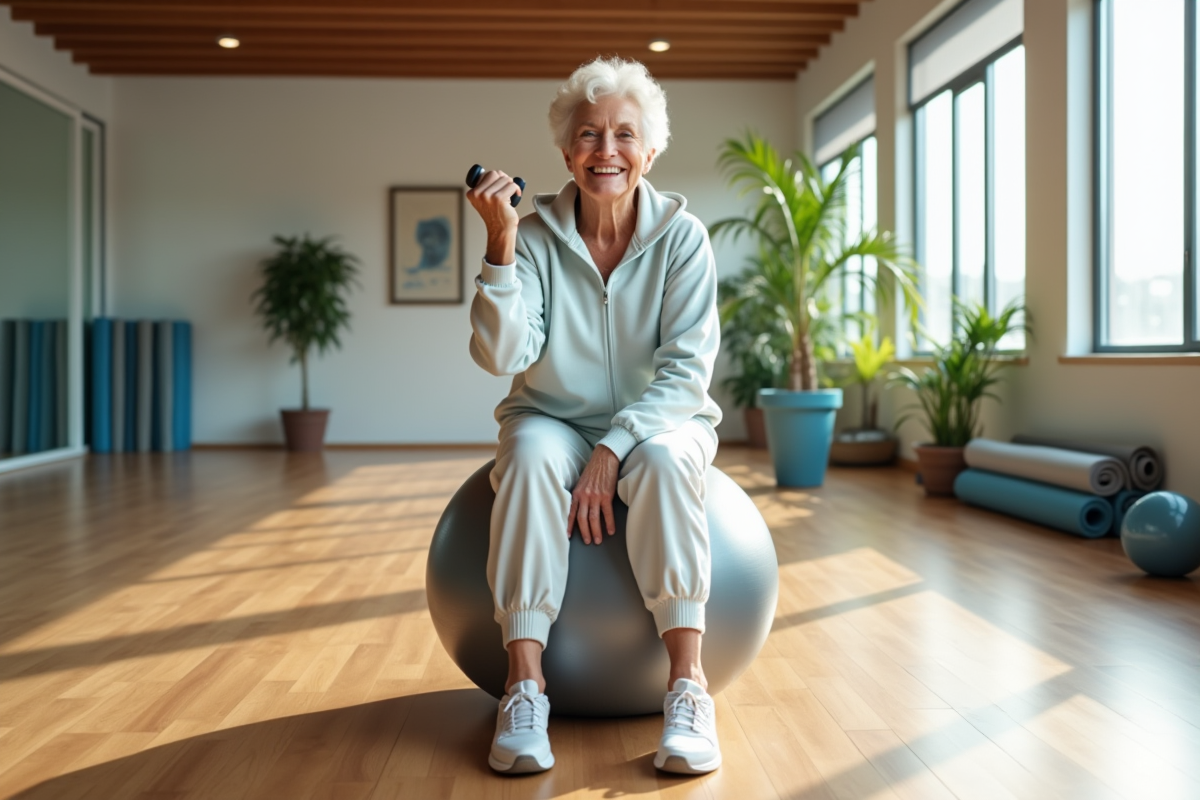 Femme senior en salle de sport levant un haltère en souriant