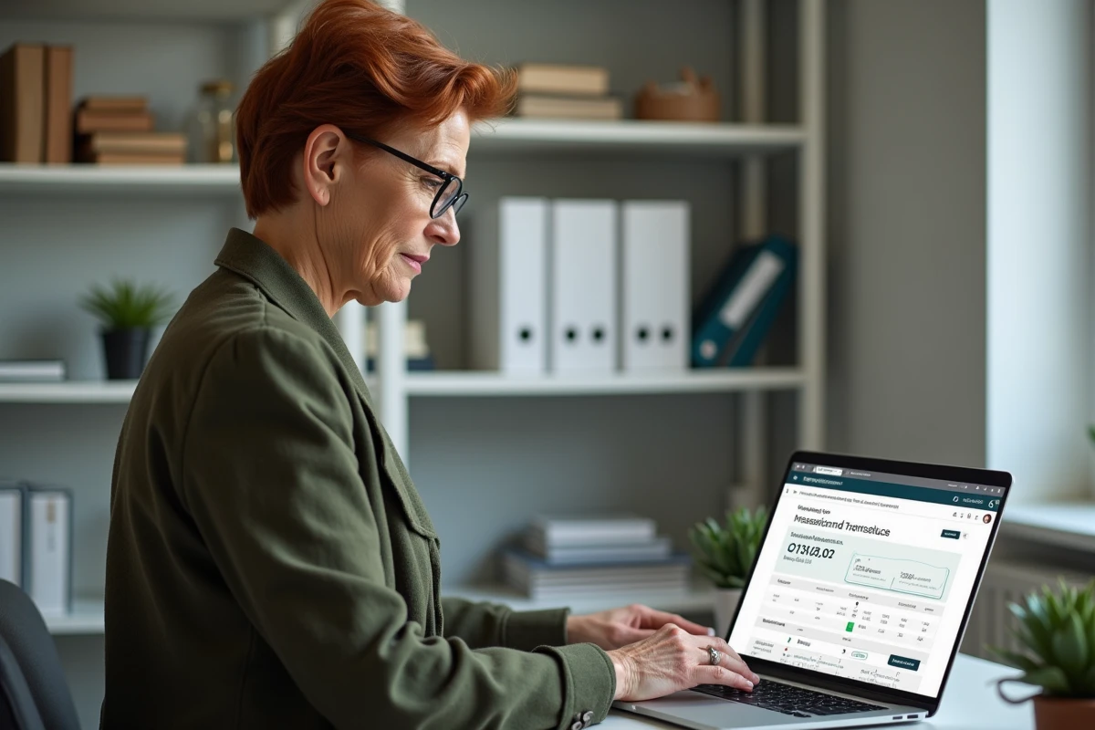 Femme de 62 ans consultant le simulateur de retraite en ligne sur son ordinateur portable pour vérifier ses trimestres et éviter une décote en 2026
