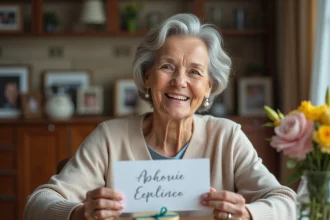 Femme âgée souriante avec cadeau et carte d'excuses