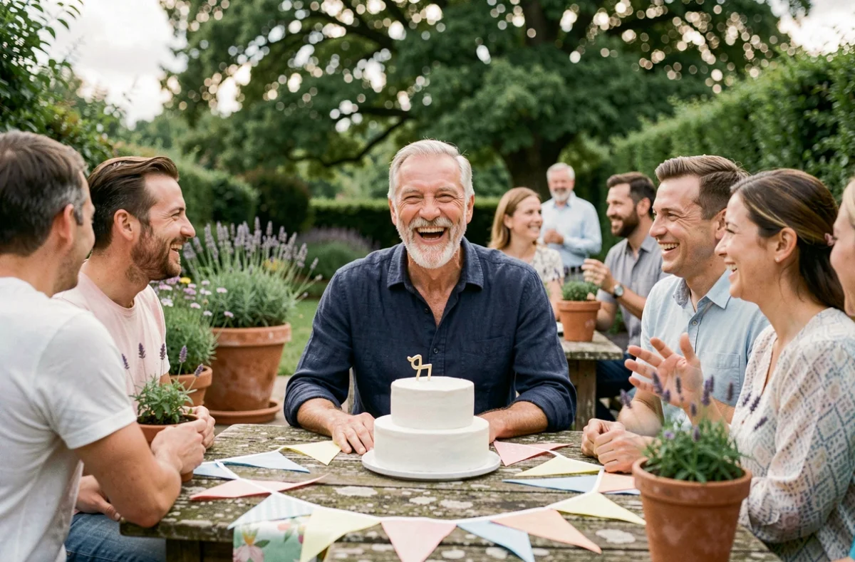 Homme de 70 ans entouré de sa famille pour son anniversaire dans un jardin verdoyant