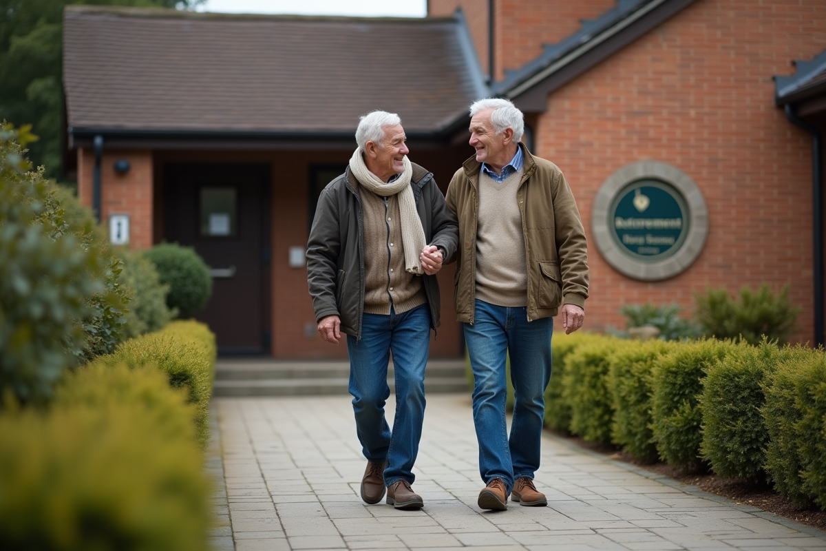 Fils aidant son père âgé vers une maison de retraite