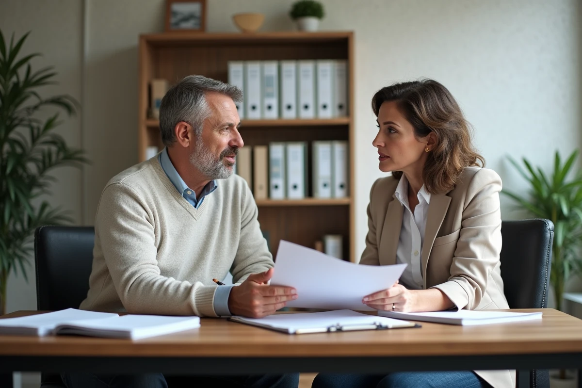 Fils et conseiller financier examinant des papiers dans un bureau