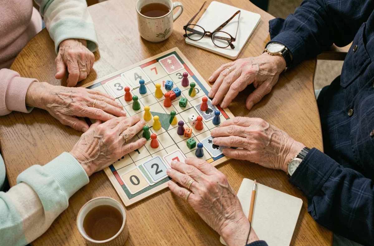 Vue en plongée d'une table de jeu de société avec pions et cartes en grands caractères et mains de seniors lors d'un atelier en maison de retraite
